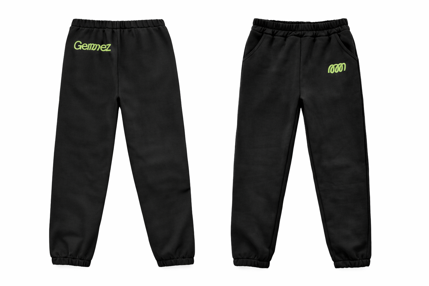 Front and back of black sweatpants with green GemmeZ branding on a white background