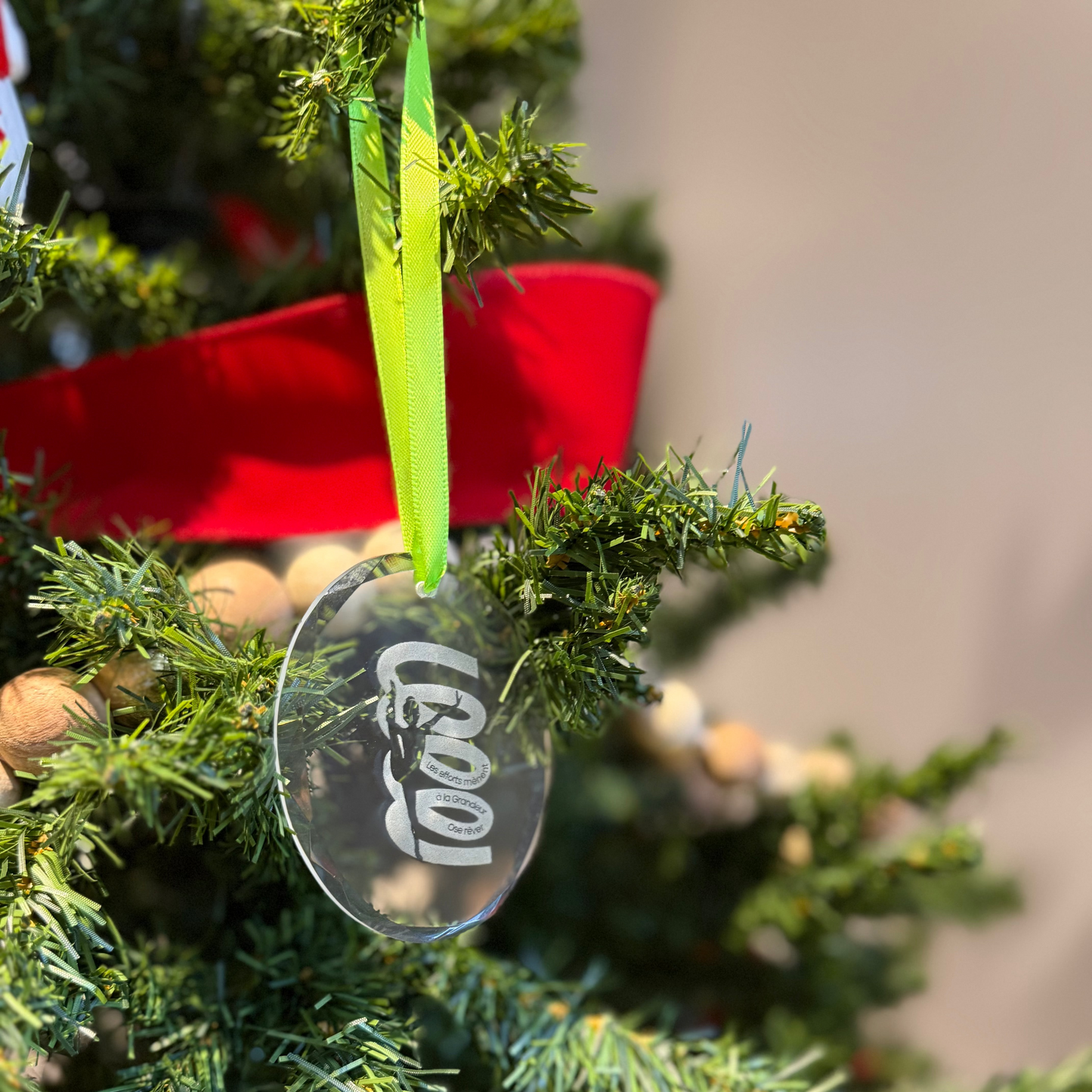 Gymnast ornament with GemmeZ logo on a Christmas tree
