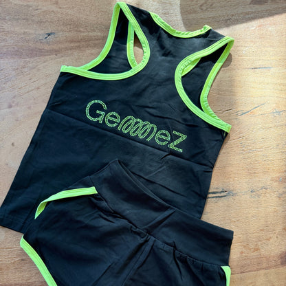 Black Gemmez brand rhinestones set showcasing the back of the tank top and shorts
