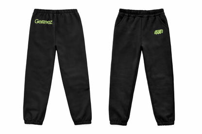 Front and back of black sweatpants with green GemmeZ branding on a white background
