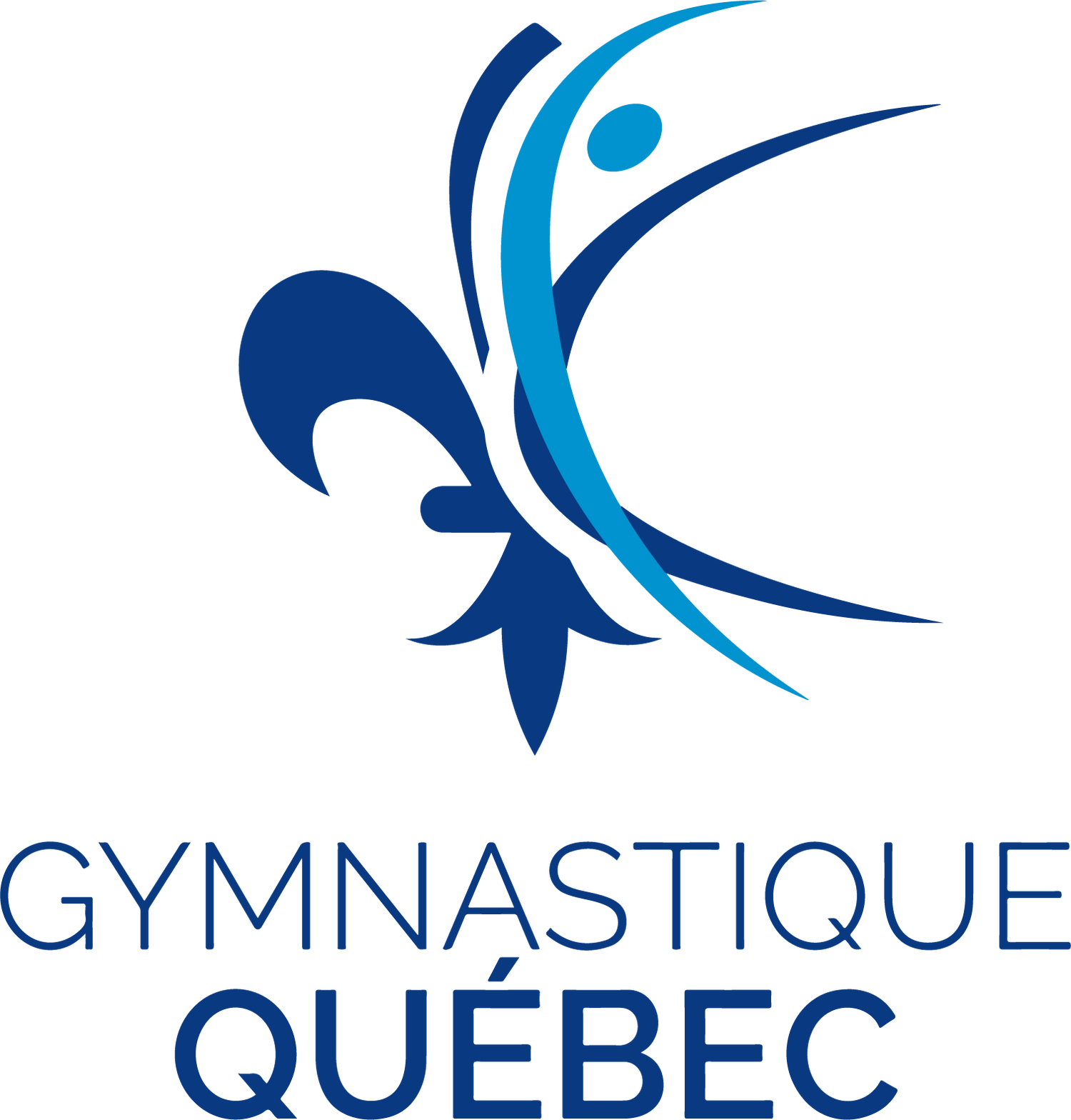 Logo of Gymnastique Québec depicting a stylized gymnast in mid-leap with flowing lines, predominantly in blue color, with the text 'GYMNASTIQUE QUÉBEC' below it.