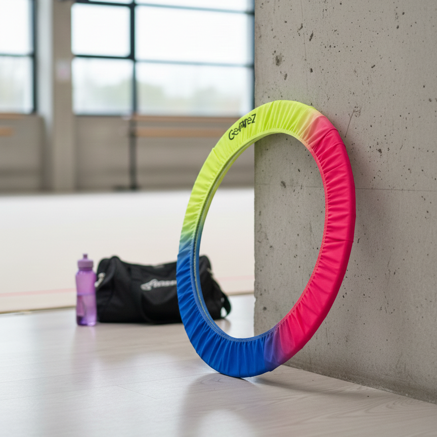 Gradient colour Hoop cover on a concrete pole with a black bag and purple bottle in the background.
