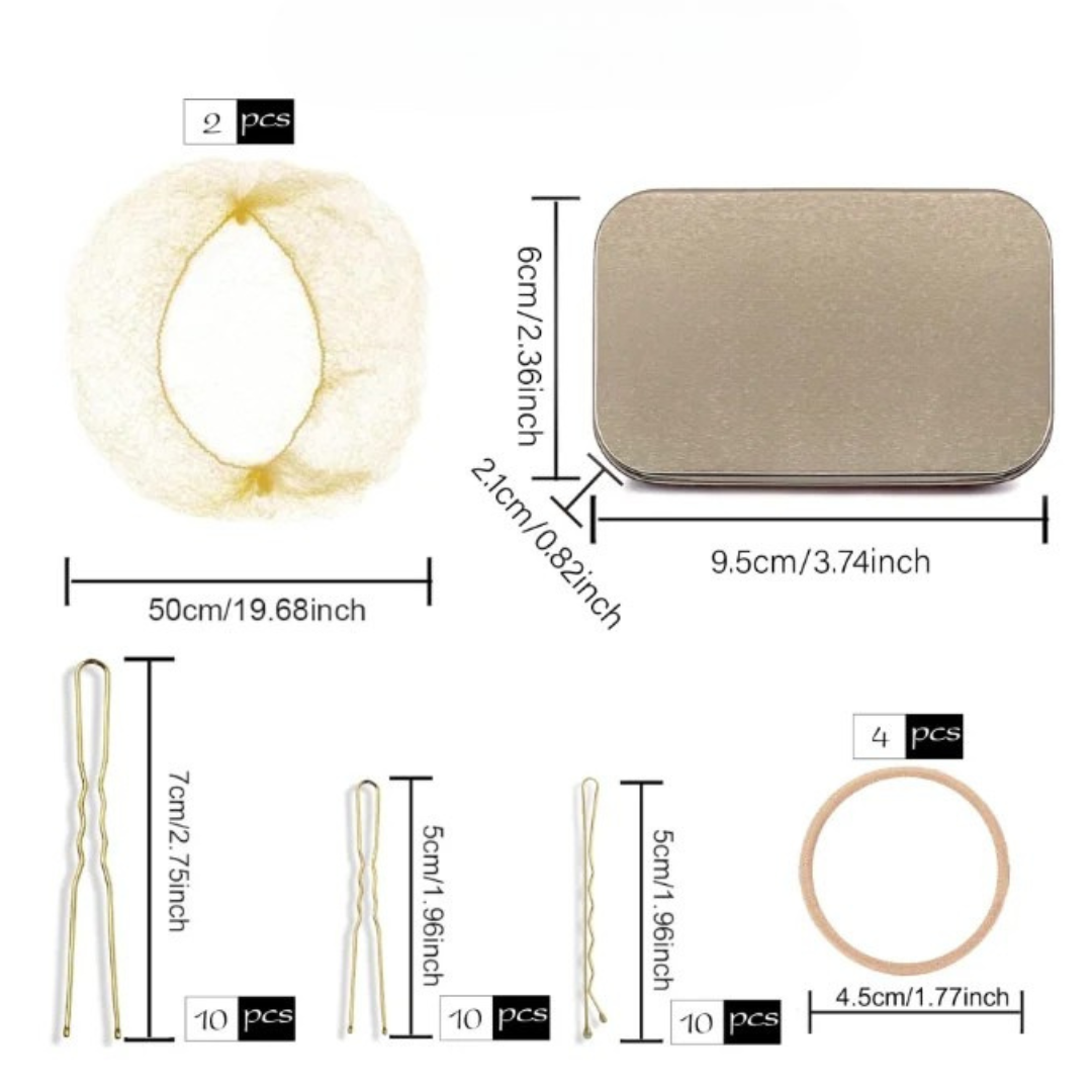 Measurement chart of hair accessories including a hair bun maker, clips, and rubber bands.