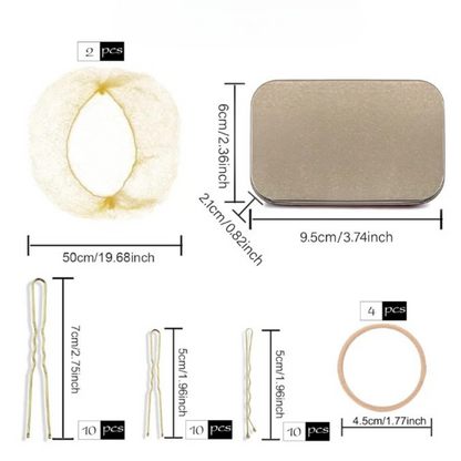 Measurement chart of hair accessories including a hair bun maker, clips, and rubber bands.