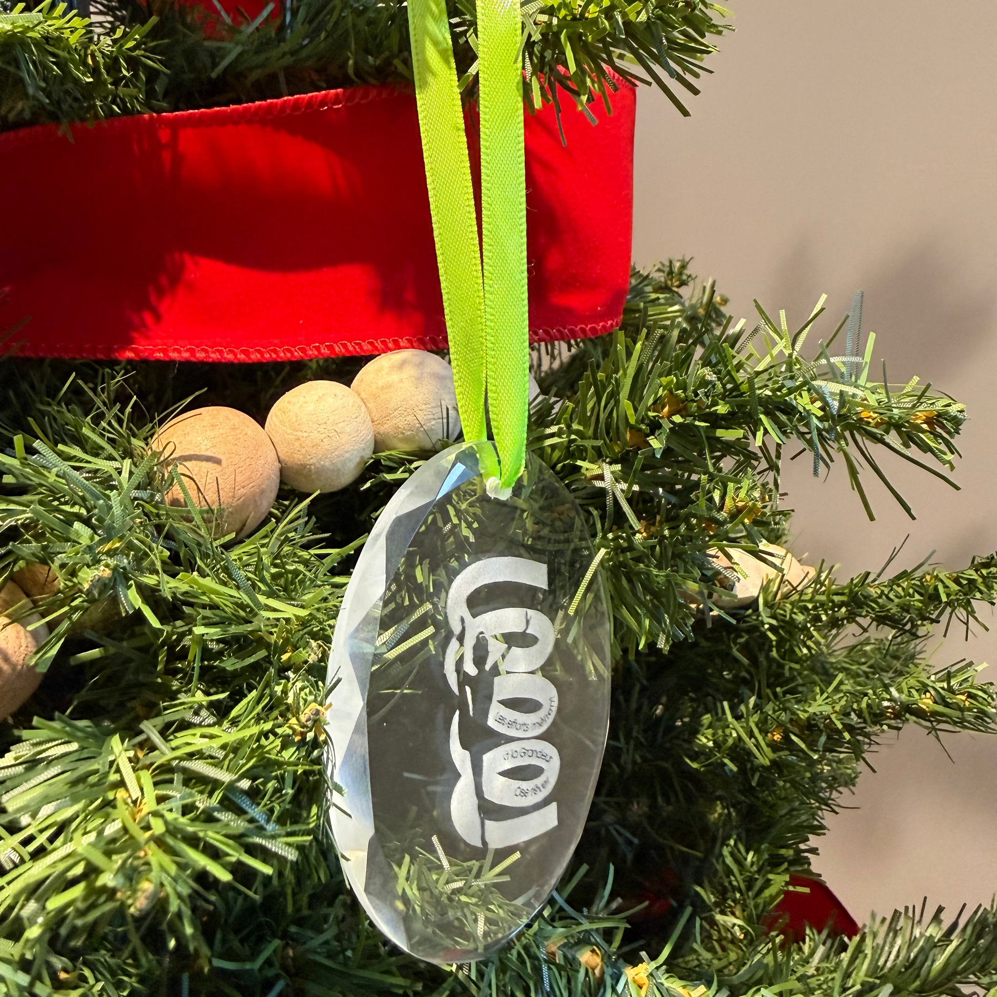 Gymnast ornament on a Christmas tree.