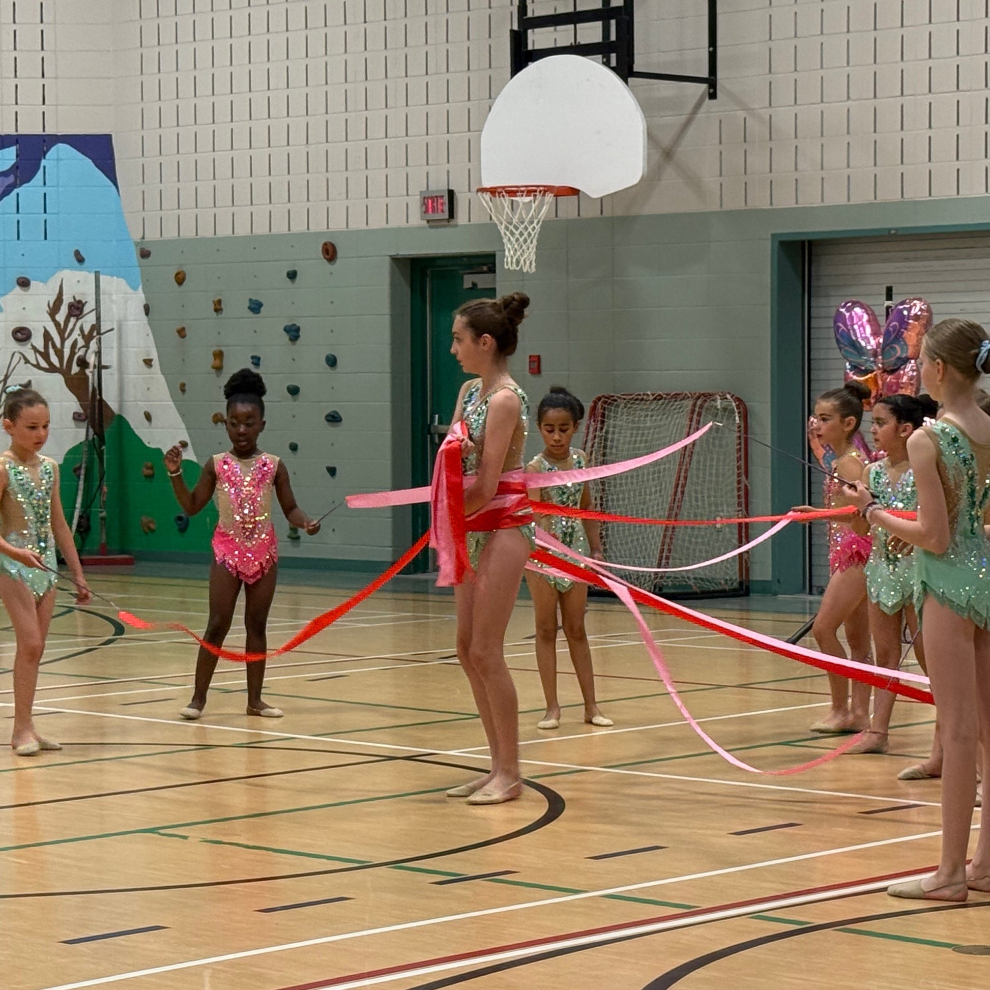 Gymnasts with ribbons in a gymnasium setting