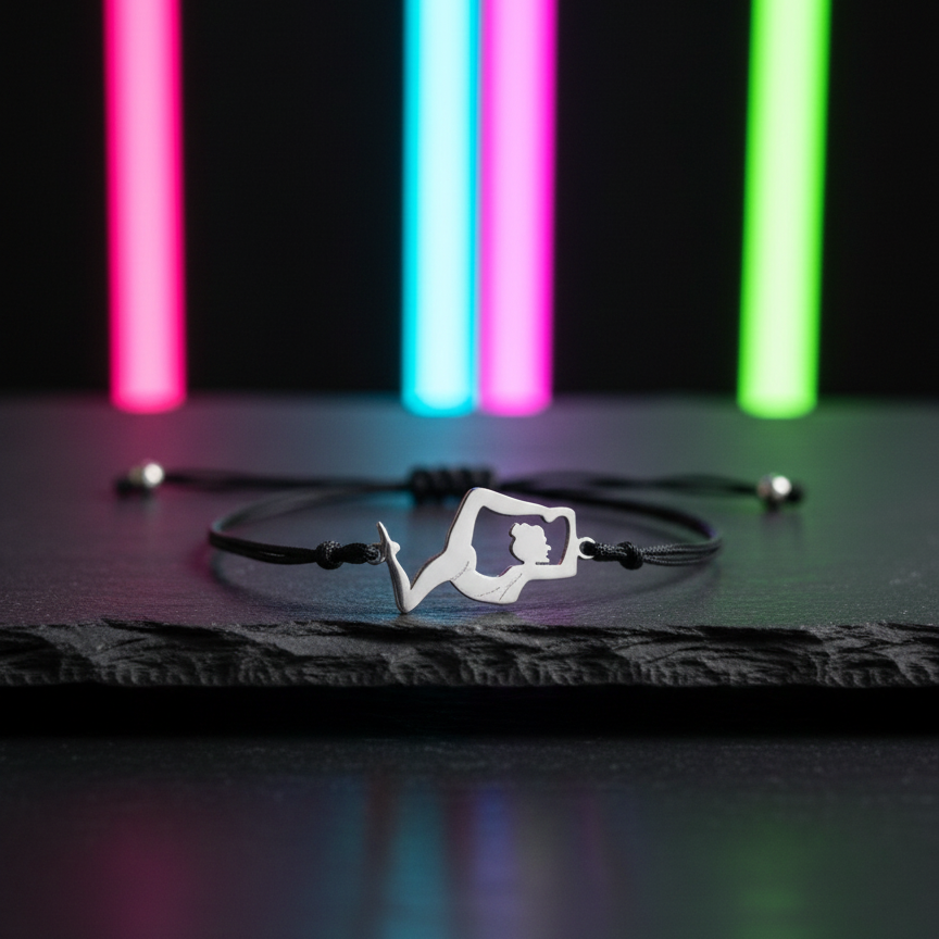 Neon lights in pink, blue, and green with an adjustable silver bracelet featuring a gymnast pendant on a dark surface.