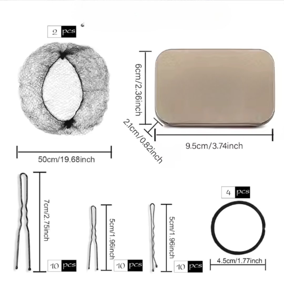 Measurement chart of hair accessories including a round hair puff, hair clips, and a hair ring.