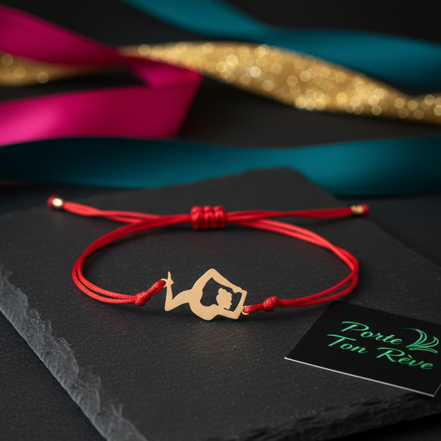 Red bracelet with gold gymnast charm on a dark surface with colorful ribbons in the background